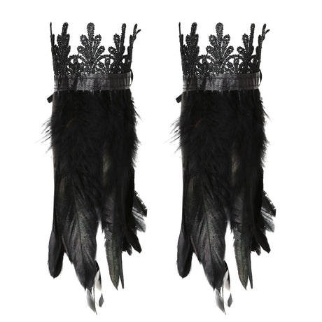 Black Natural Feather Wrist Cuffs with Ribbon Ties