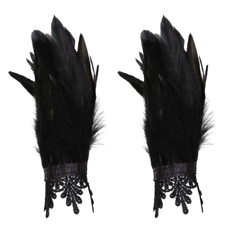 Black Natural Feather Wrist Cuffs with Ribbon Ties