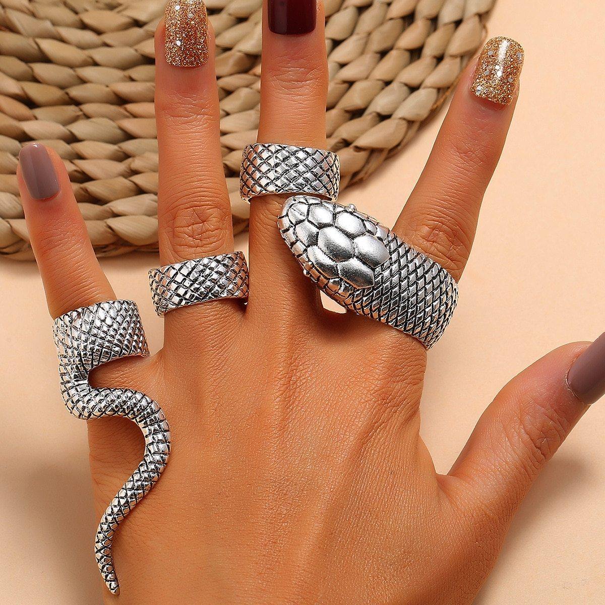 4Pcs/Set Gothic Snake Midi Ring Set | Vintage Punk Metal Knuckle Joint Rings - Woodland Gatherer