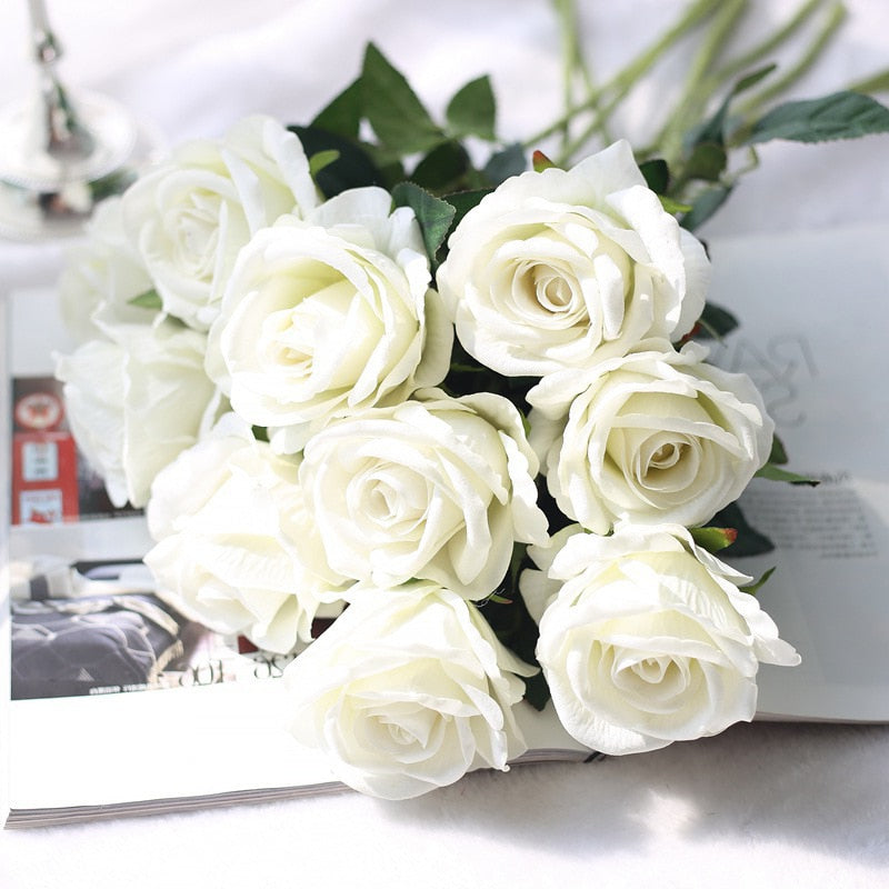 Five Long Stem White Silk Roses Artificial Flowers