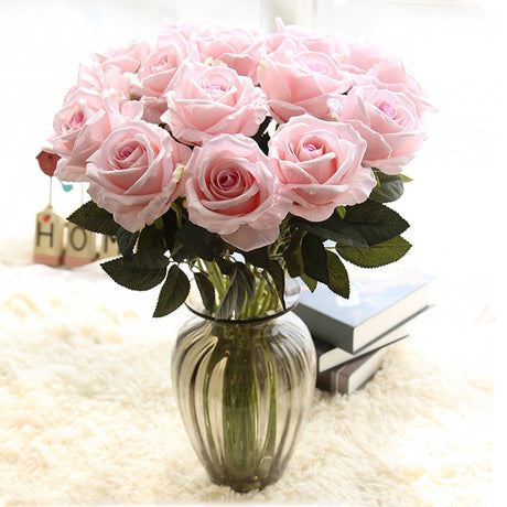 Five Long Stem White Silk Roses Artificial Flowers