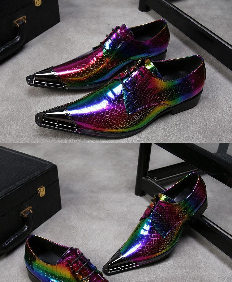 Rainbow Mens Leather Dress Shoes | Pointed Metal Cap Toe - Woodland Gatherer