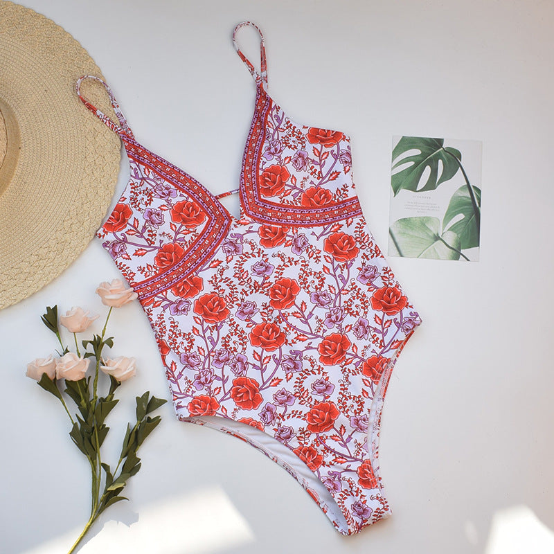 Red Bohemian Rose Floral Bathing Suit One Piece Womens Swimwear