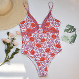 Red Bohemian Rose Floral Bathing Suit One Piece Womens Swimwear