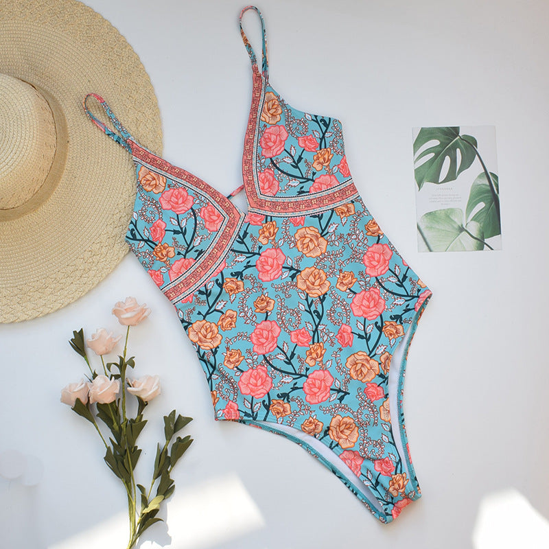 Red Bohemian Rose Floral Bathing Suit One Piece Womens Swimwear