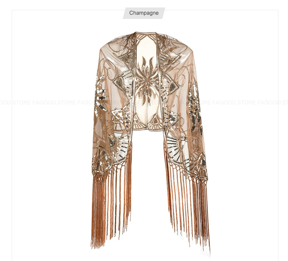 Sequinned 1920s Fringed Evening Shawl
