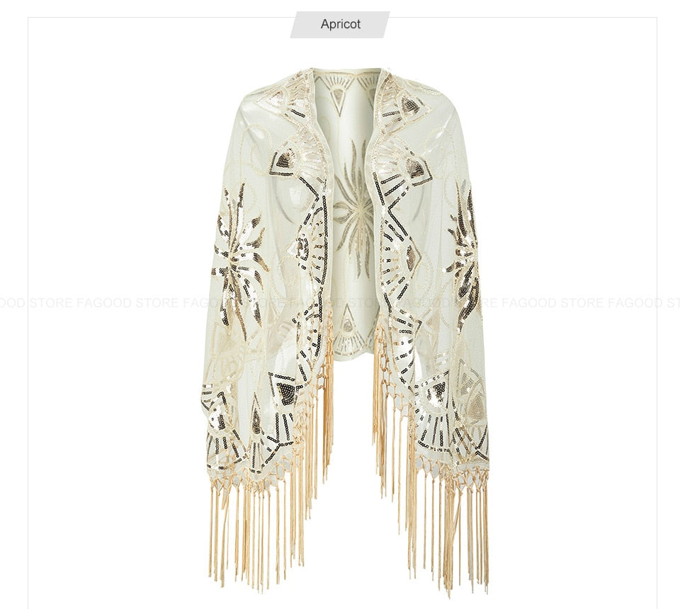 Sequinned 1920s Fringed Evening Shawl