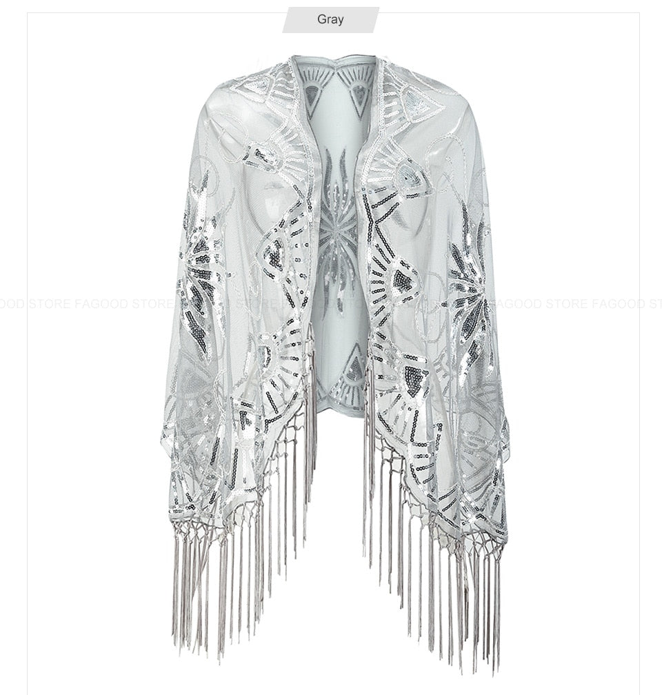 Sequinned 1920s Fringed Evening Shawl