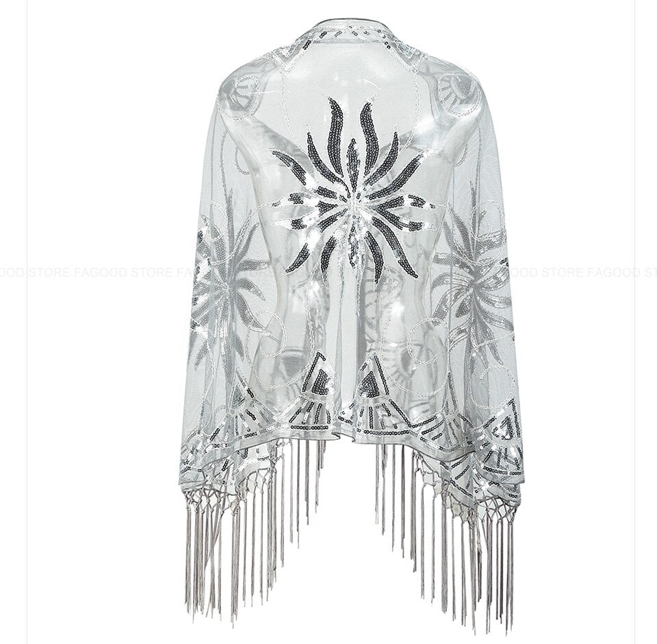 Sequinned 1920s Fringed Evening Shawl