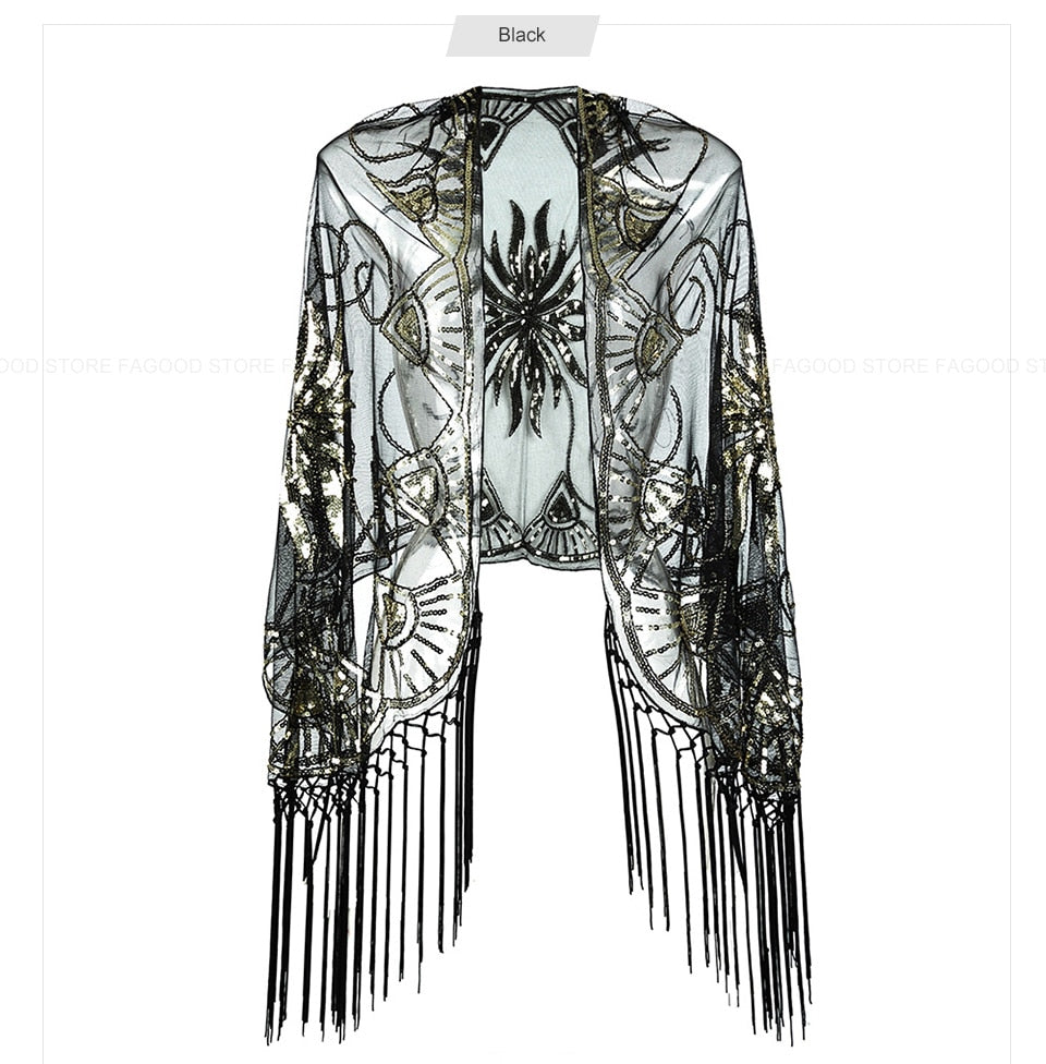 Sequinned 1920s Fringed Evening Shawl