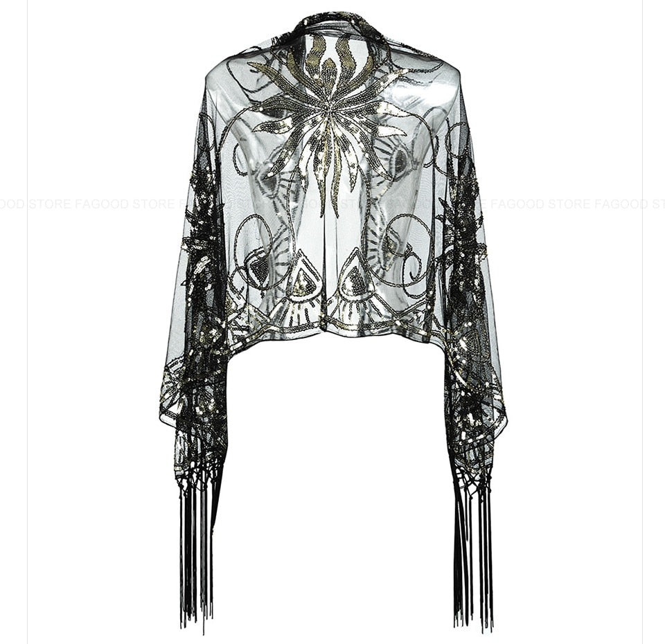 Sequinned 1920s Fringed Evening Shawl