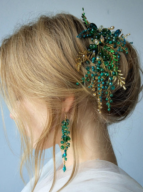 Green Envy Crystal Hair Vine Hair Piece Bridal Gold Hair Accessories & Earrings