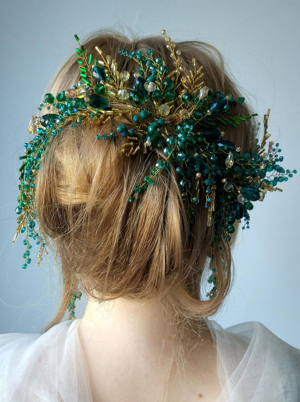Green Envy Crystal Hair Vine Hair Piece Bridal Gold Hair Accessories & Earrings