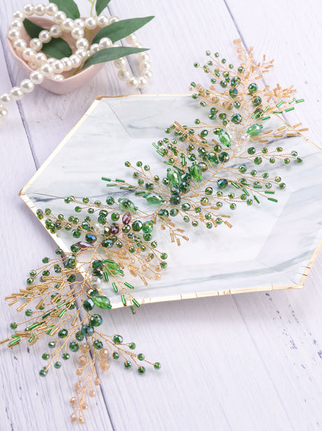 Green Envy Crystal Hair Vine Hair Piece Bridal Gold Hair Accessories & Earrings