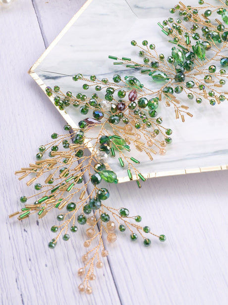 Green Envy Crystal Hair Vine Hair Piece Bridal Gold Hair Accessories & Earrings