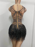 Black Crystal Tassel Dancer Bodysuit Dance Outfits