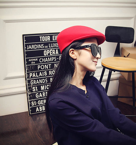Wool Felt Cabbie Ascot Ivy Cap - Camel Black Red