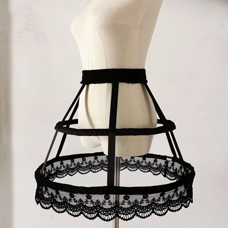 Lolita Fishbone Hollow Bird Cage Skirt Victorian Petticoat 2 Hoops Crinoline Embroidery Floral Lace Underskirt