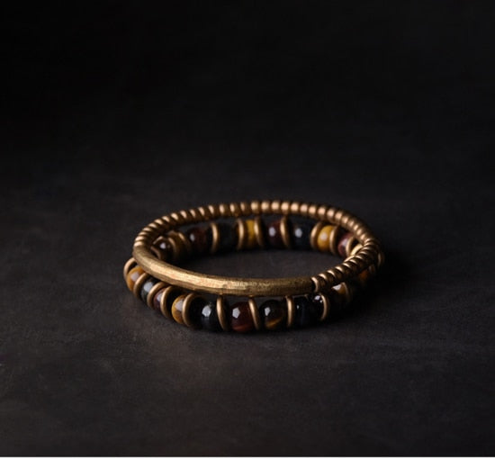 Tiger Eye Stone Bracelet Mixed Hammered Pure Copper Unisex Jewellery