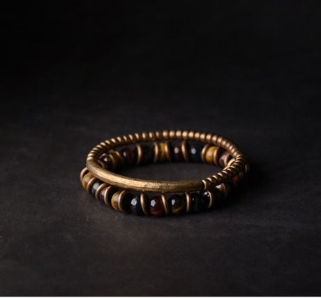Tiger Eye Stone Bracelet Mixed Hammered Pure Copper Unisex Jewellery