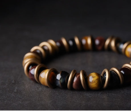Tiger Eye Stone Bracelet Mixed Hammered Pure Copper Unisex Jewellery