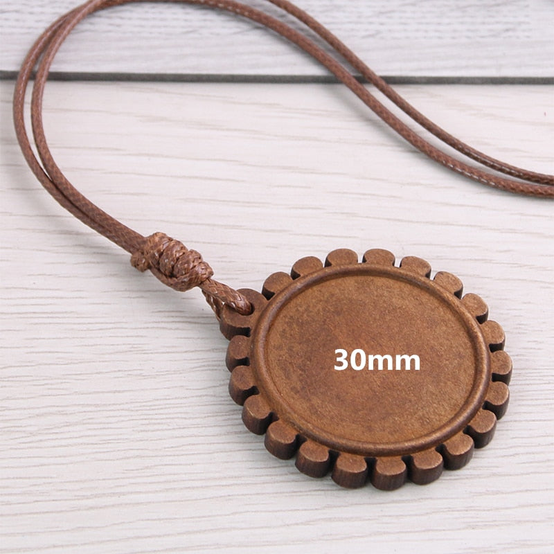 5pcs Wooden Blank Cameo Pendant Base Trays with Leather Cord for Jewellery Making