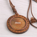 5pcs Wooden Blank Cameo Pendant Base Trays with Leather Cord for Jewellery Making