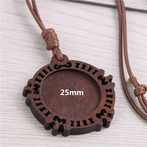 5pcs Wooden Blank Cameo Pendant Base Trays with Leather Cord for Jewellery Making