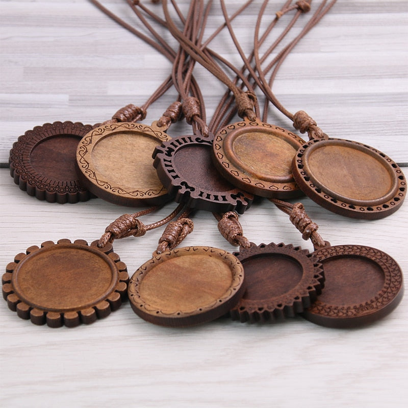 5pcs Wooden Blank Cameo Pendant Base Trays with Leather Cord for Jewellery Making