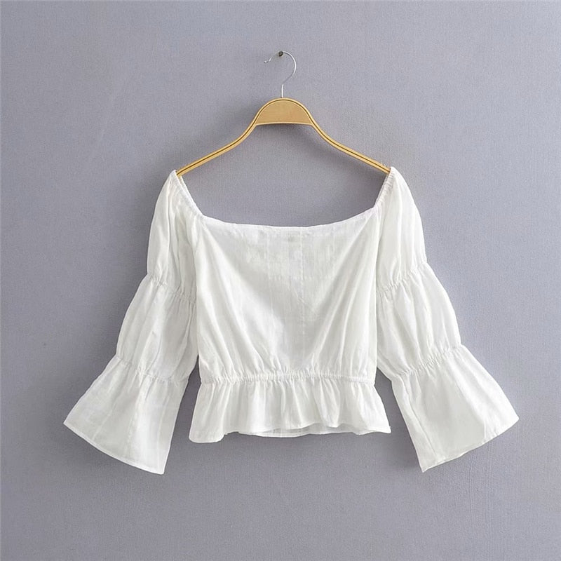 Boat Neck Cotton Boho Cropped Blouse