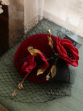 Vintage French Style Mini Fascinator Wine Red Flower Bead Face Veil
