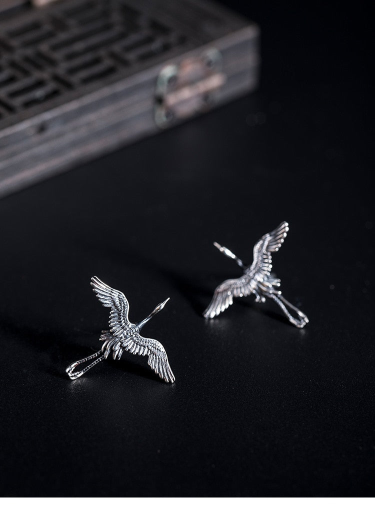 Flying Crane Stud Earrings 925 Sterling Silver