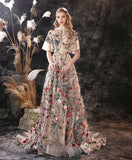 Rochelle's Floral Embroidery Tulle Evening Dresses