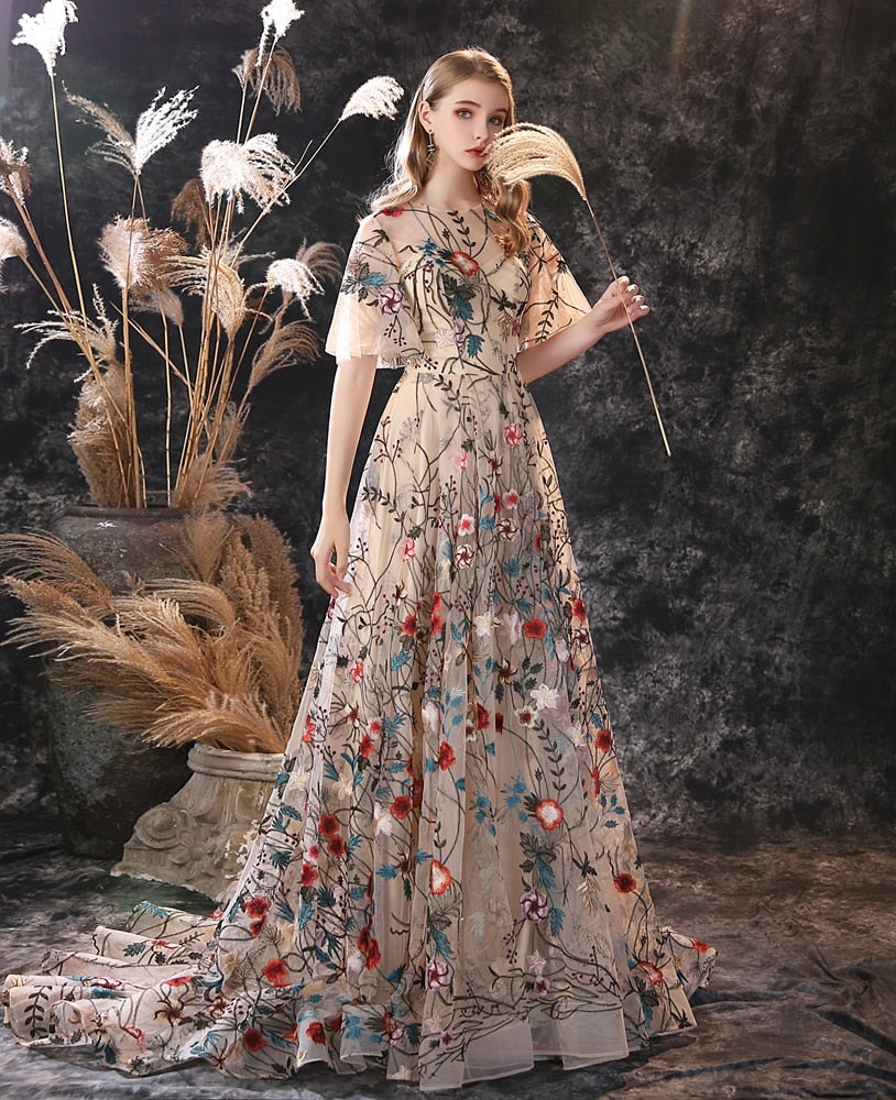 Rochelle's Floral Embroidery Tulle Evening Dresses