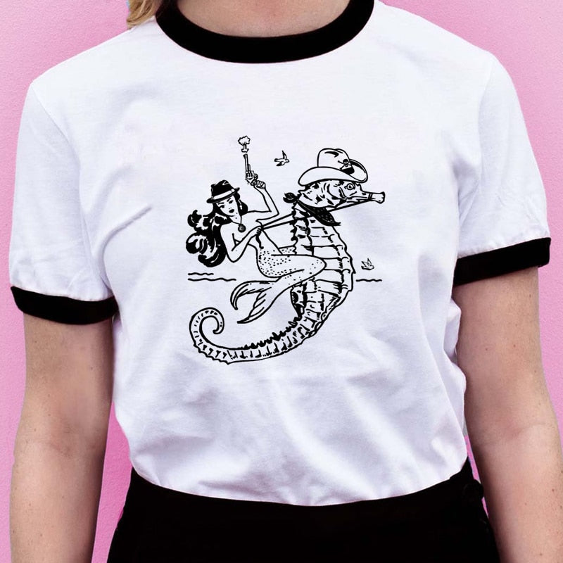 The Cowgirl Mermaid 100% Cotton T-shirt Sea-haw Rodeo Western Tee