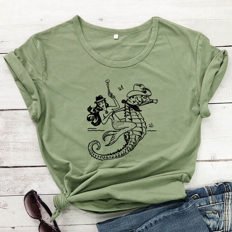The Cowgirl Mermaid 100% Cotton T-shirt Sea-haw Rodeo Western Tee