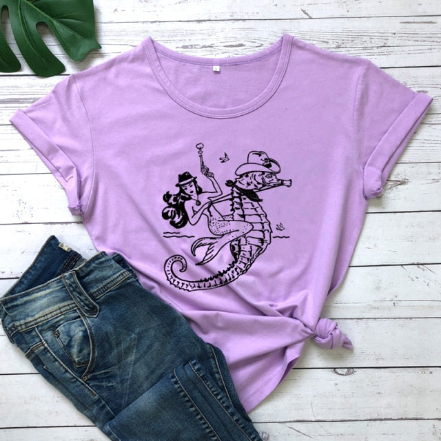 The Cowgirl Mermaid 100% Cotton T-shirt Sea-haw Rodeo Western Tee