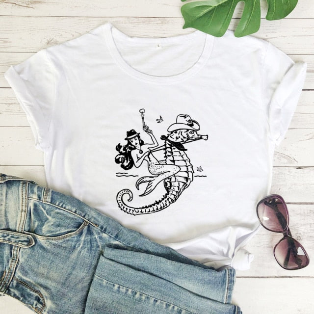The Cowgirl Mermaid 100% Cotton T-shirt Sea-haw Rodeo Western Tee