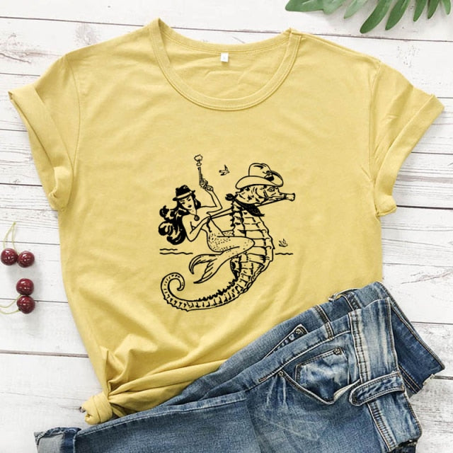The Cowgirl Mermaid 100% Cotton T-shirt Sea-haw Rodeo Western Tee