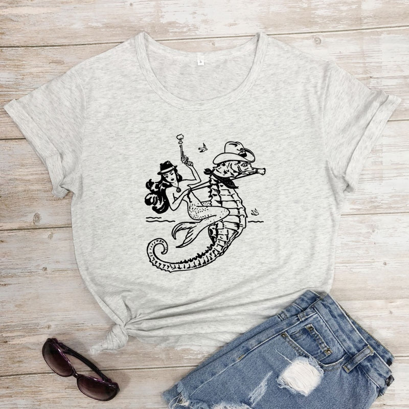 The Cowgirl Mermaid 100% Cotton T-shirt Sea-haw Rodeo Western Tee