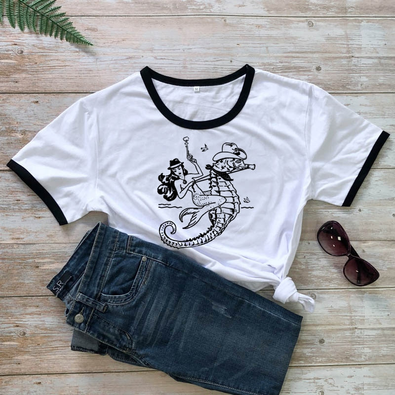 The Cowgirl Mermaid 100% Cotton T-shirt Sea-haw Rodeo Western Tee