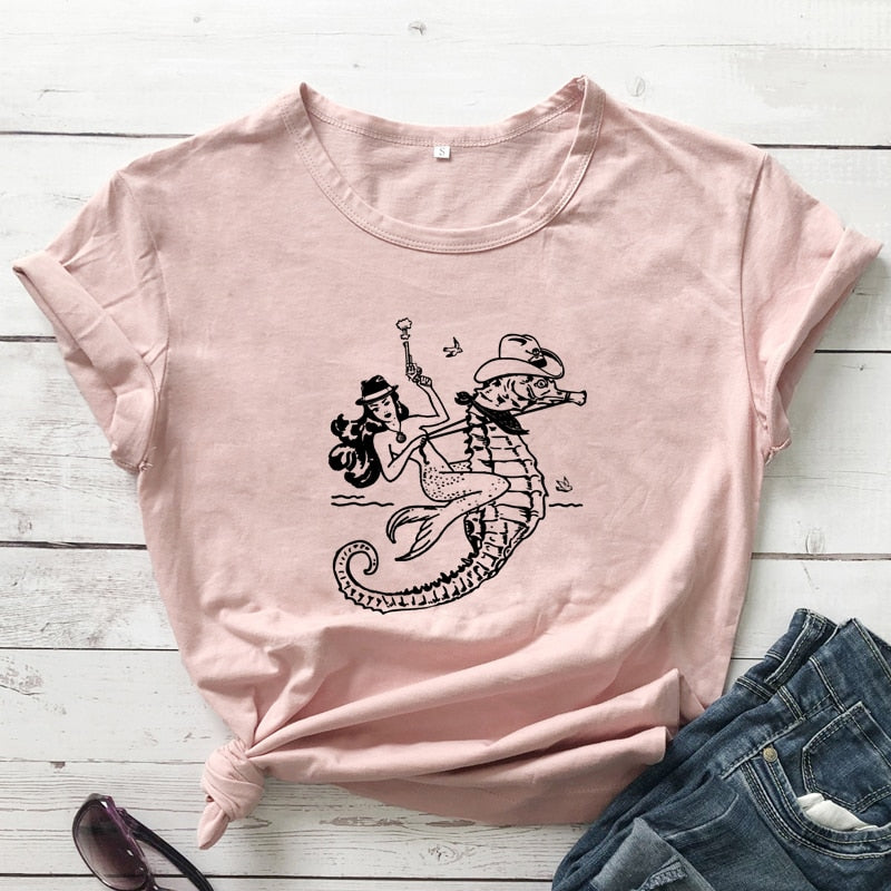 The Cowgirl Mermaid 100% Cotton T-shirt Sea-haw Rodeo Western Tee
