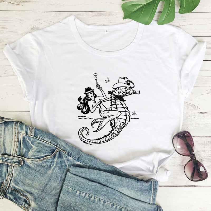The Cowgirl Mermaid 100% Cotton T-shirt Sea-haw Rodeo Western Tee