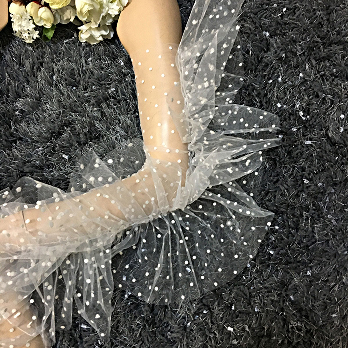Dot Print Mesh Long  Fingerless Gloves with Ruffles