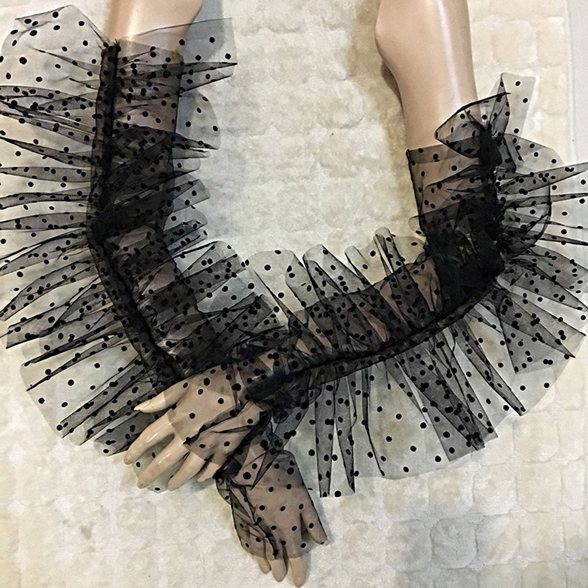 Dot Print Mesh Long  Fingerless Gloves with Ruffles