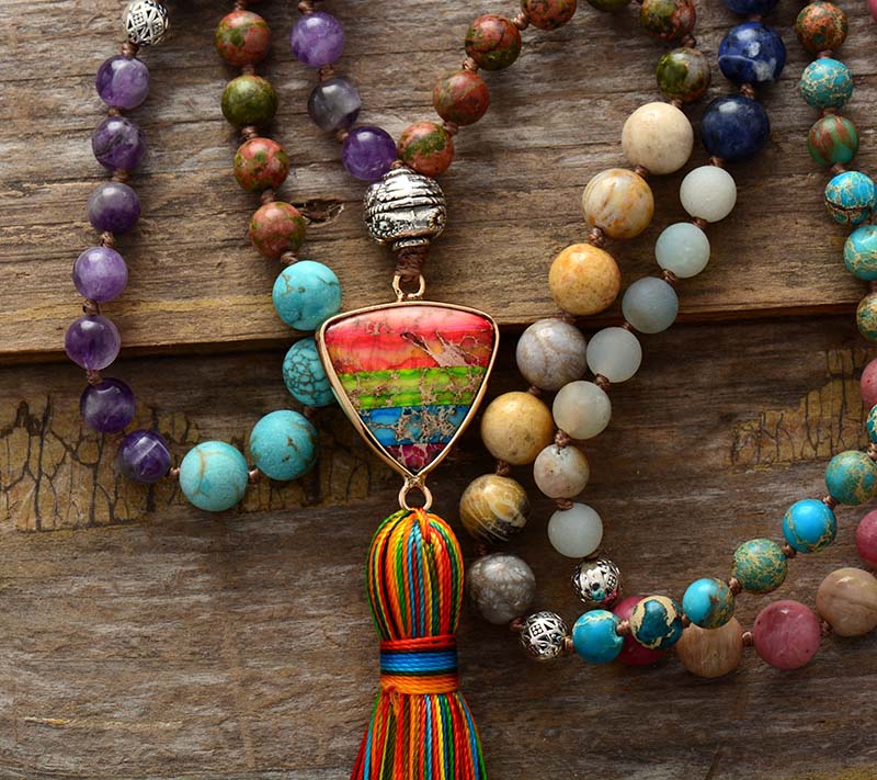 Natural Stones Chakra Charm Tassel Rosary Necklace