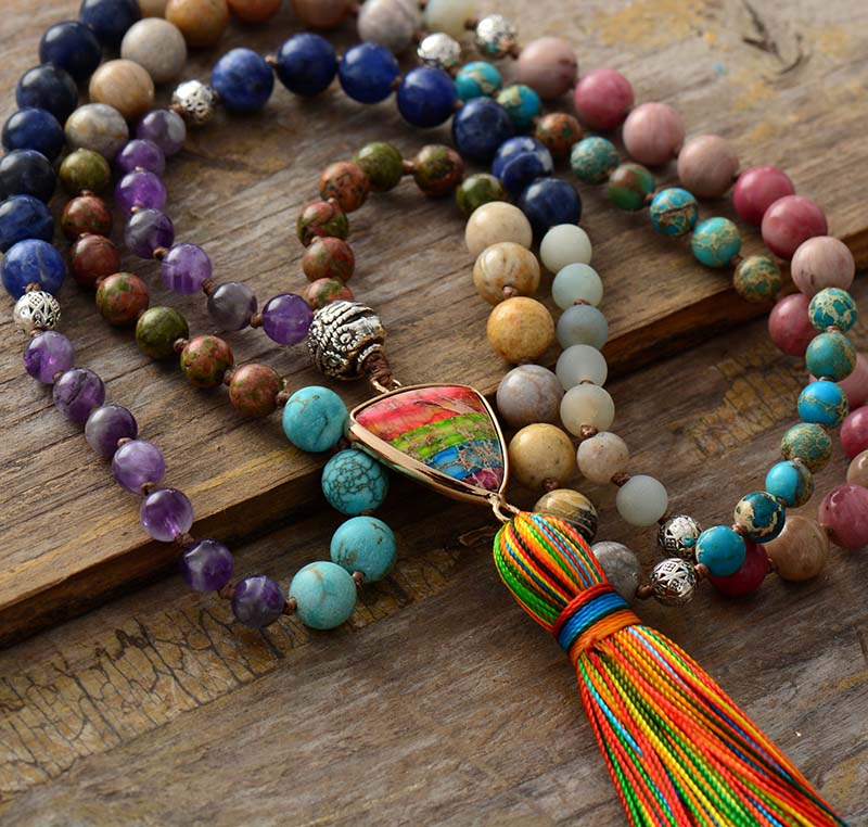 Natural Stones Chakra Charm Tassel Rosary Necklace