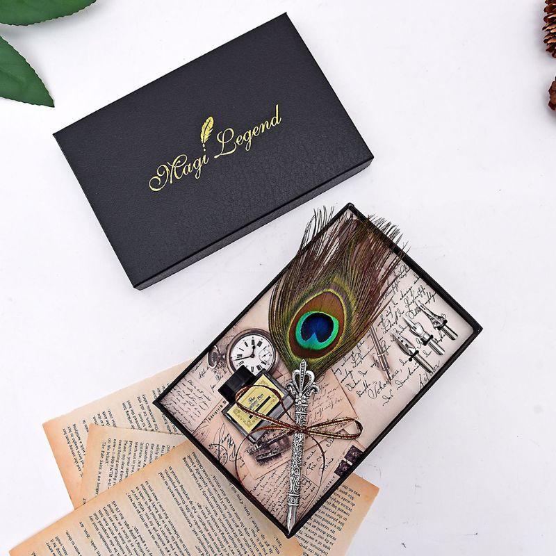 Handmade Peacock Feather Quill Dip Fountain Pen Set