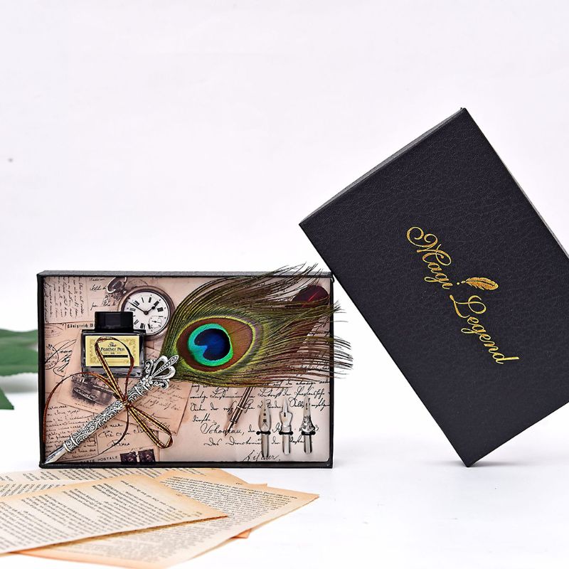 Handmade Peacock Feather Quill Dip Fountain Pen Set