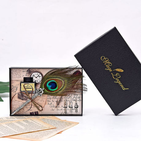 Handmade Peacock Feather Quill Dip Fountain Pen Set